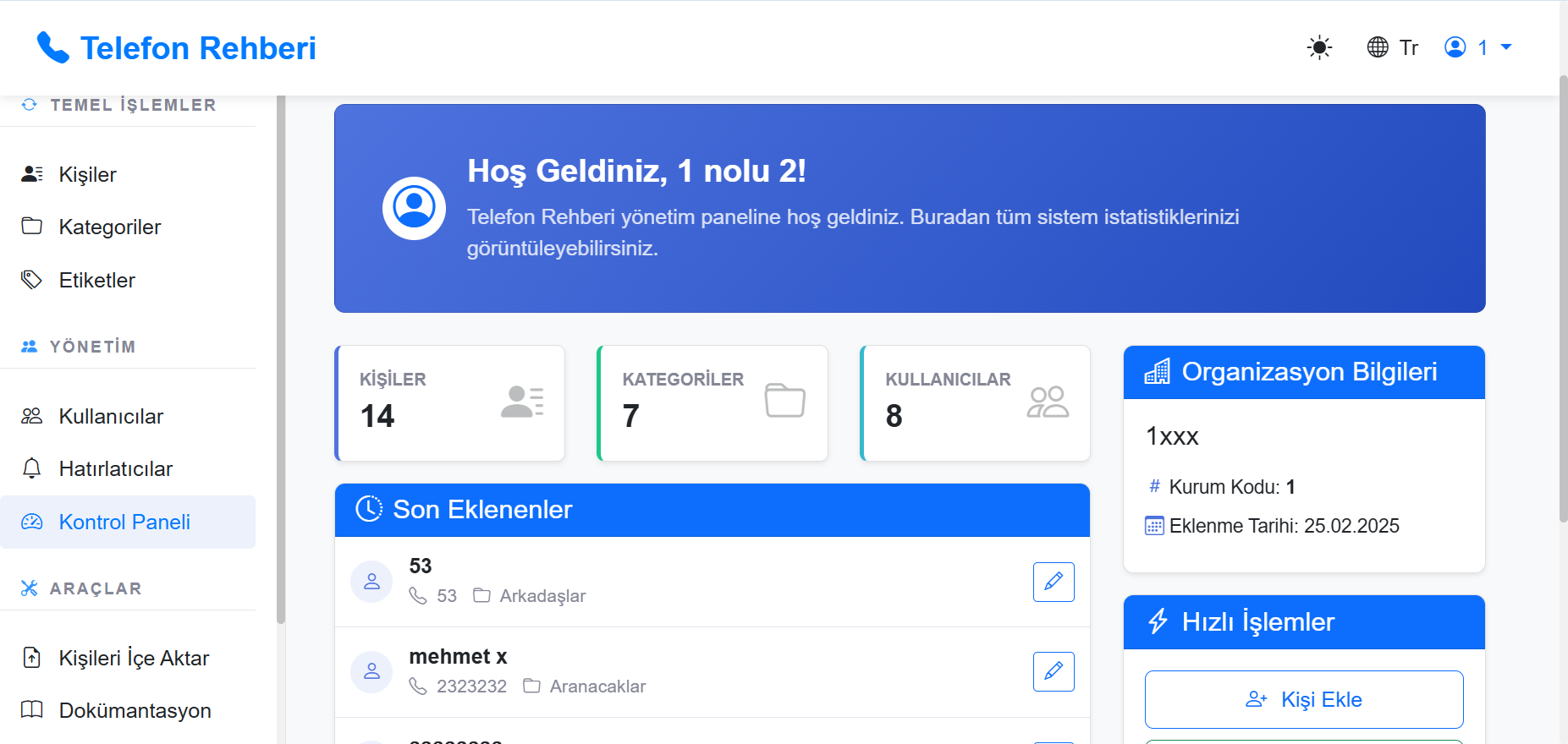 Telefon Rehberi Dashboard